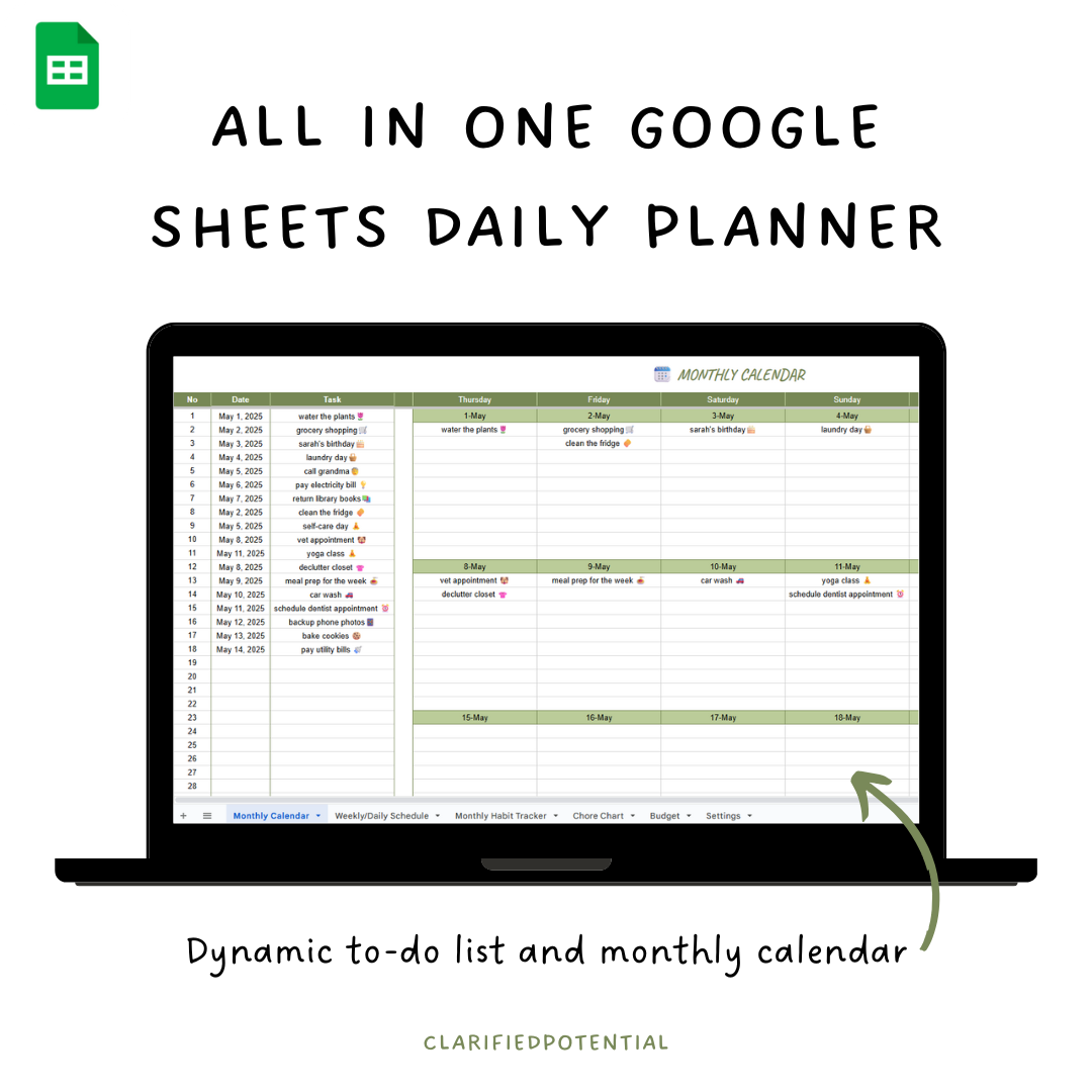 All in one Google Sheets Daily Planner - Green