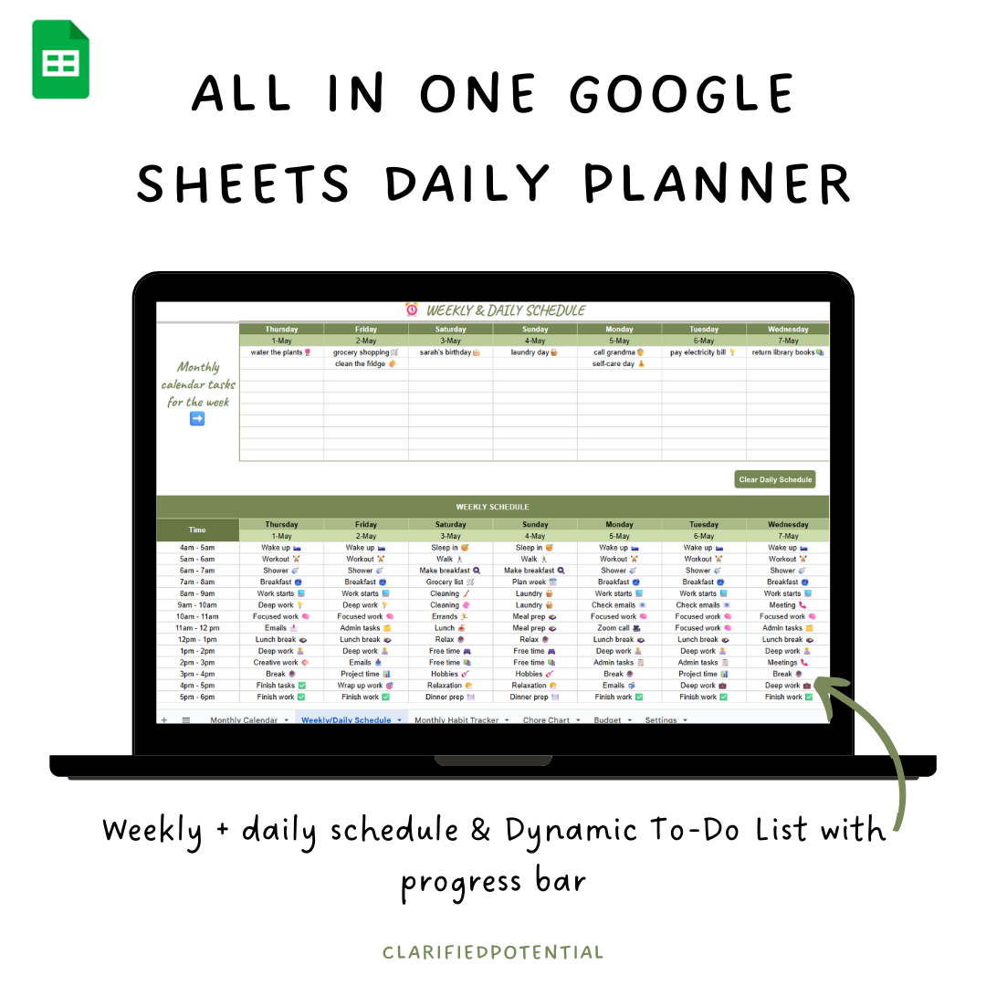 All in one Google Sheets Daily Planner - Green
