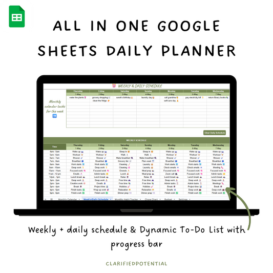 All in one Google Sheets Daily Planner - Green