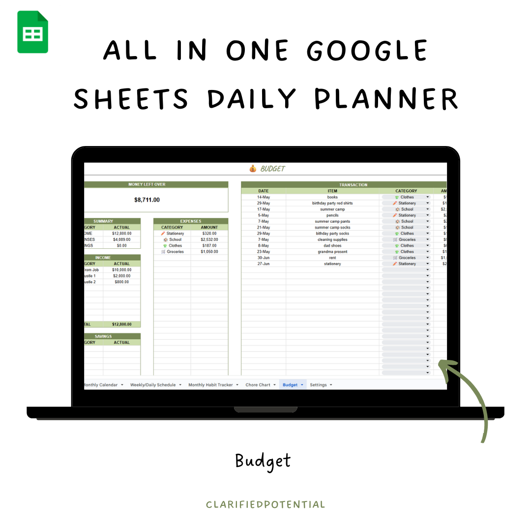 All in one Google Sheets Daily Planner - Green