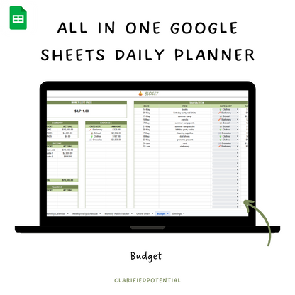 All in one Google Sheets Daily Planner - Green